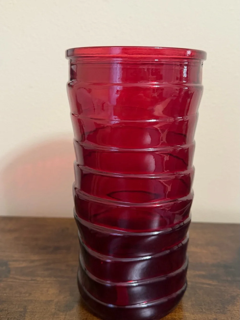 Red Hoosier Glass Vase- Swirl Texture- 8.5” Tall